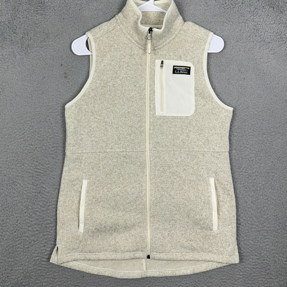 L.L. Bean Sweater Vest Womens Small Fleece Cream Oatmeal Full Zip Mock Neck EUC